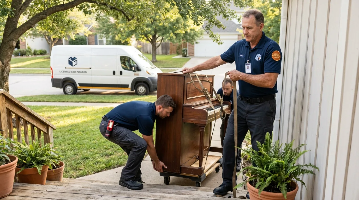 Licensed piano movers securing grand piano in Mathis, TX