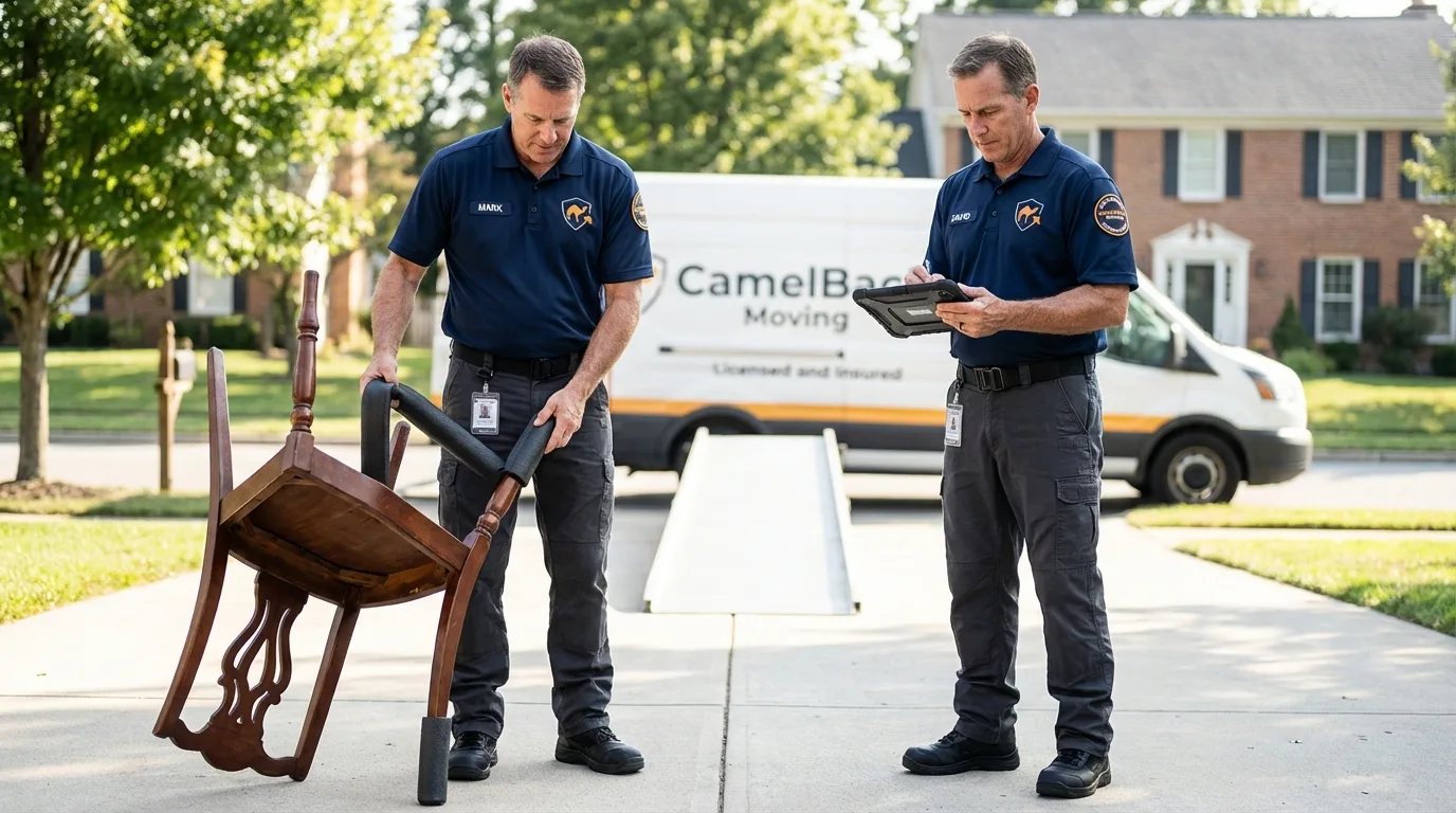 Movers inspecting furniture for damage prevention before loading in Mathis, TX